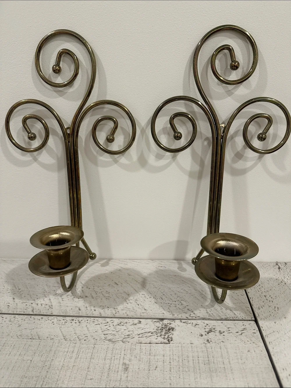 Home Interiors Wall-Mount Scroll Candle Holders in Antique Brass